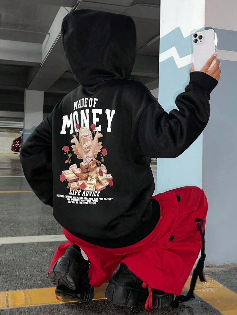 SHEIN EZwear 標語和人物圖案落肩袖連帽衫 - 黑色 - 查看 1