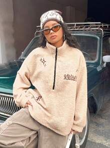 SHEIN EZwear 字母&交叉刺繡半拉鏈落肩袖絨毛運動衫 - 杏色 - 查看 3