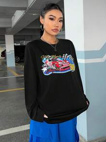 SHEIN EZwear Đồ họa ô tô và chữ cái Áo thun Thả vai - màu đen - Xem 3