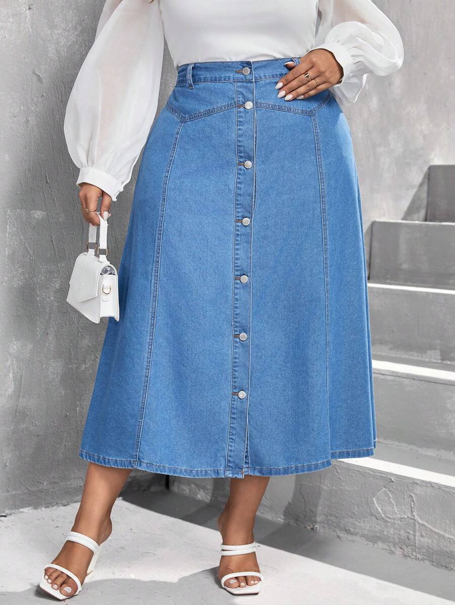 SHEIN Essnce Plus Button Front Denim Skirt - Dark Wash - View 1