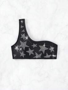 Rhinestone Star Pattern One Shoulder Bikini Top - Black - View 5