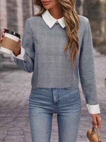 威爾斯親王格紋印花拼接領後鎖孔襯衫 - 藏蓝色 - 查看 1