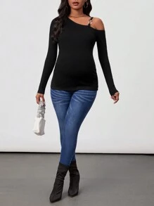 SHEIN Pregnancy Asymmetrical Shoulder T-Shirt For Maternity - Black - View 4