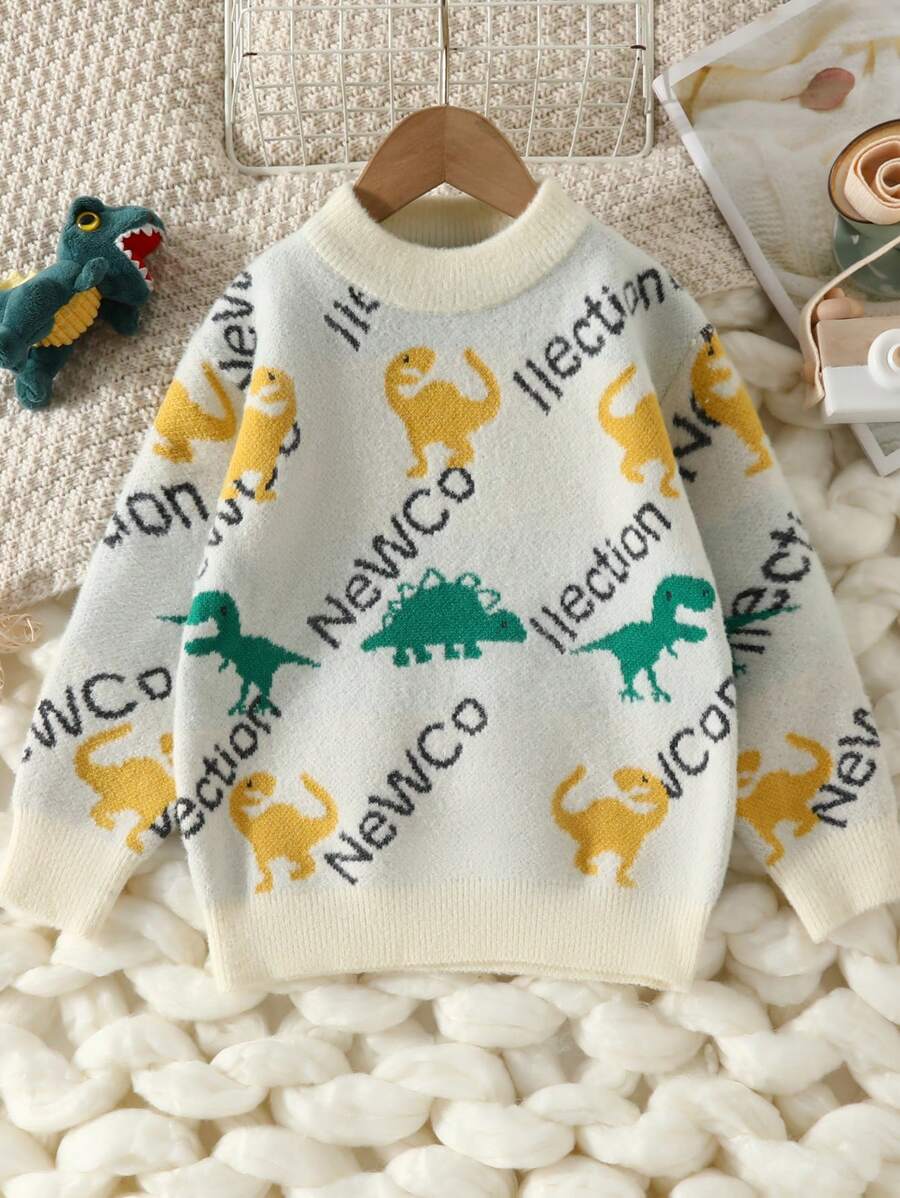 Young Boy Letter & Dinosaur Pattern Sweater - Beige - View 1