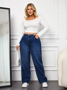 EURMUSE Plus Size Casual Straight Leg Jeans - Dark Wash - View 4