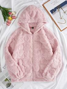 SHEIN EZwear Drop Shoulder Heart Graphic Zip Up Hooded Fleece Jacket - Pink - View 1