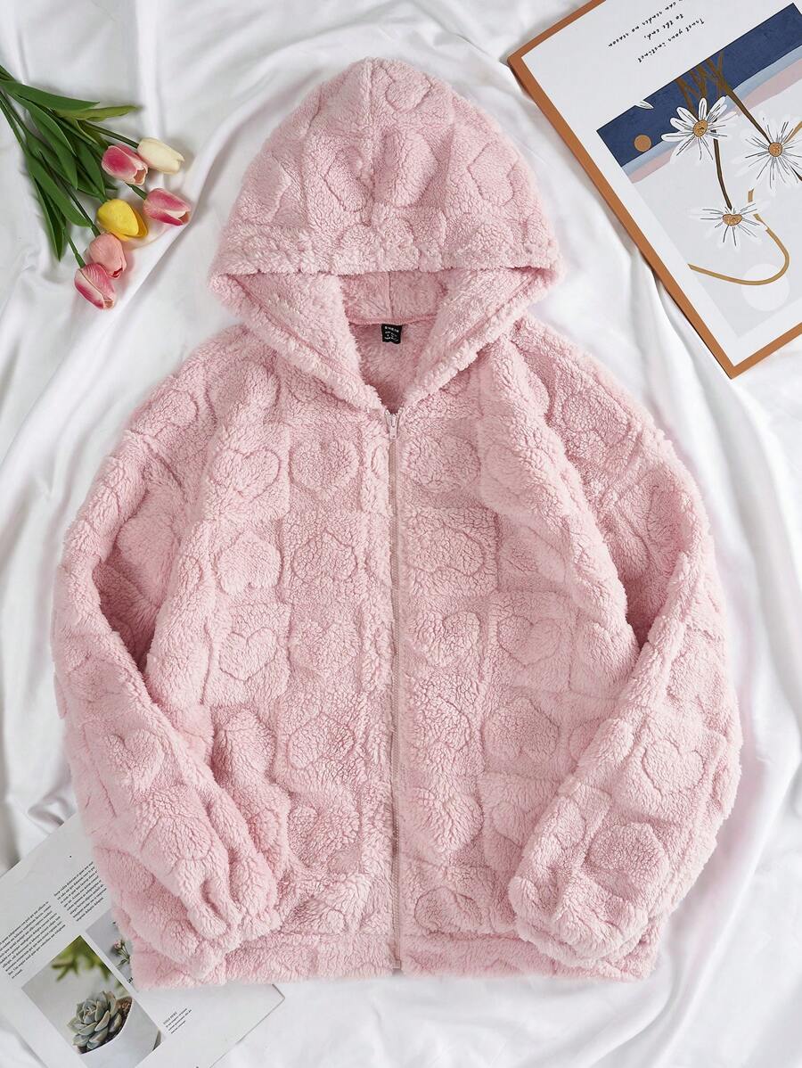 SHEIN EZwear Drop Shoulder Heart Graphic Zip Up Hooded Fleece Jacket - Pink - View 1