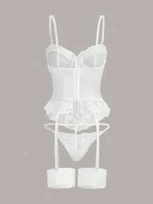 4 piezas Set de lencería con encaje en contraste bajo con fruncido con liga con aro