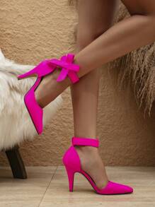 Tocuri înalte pentru femei, la modă, cu vârf ascuțit, de culoare roz strălucitor, cu detaliu cu nod fluture