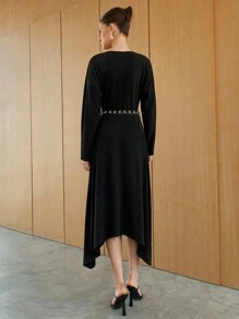 Solid V Neck Belted Dress Fall Cloth For Women - Black - View 2