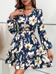 SHEIN VCAY In hoa Tay áo lồng đèn Xù Hoa Sen Đầm - Màu xanh hải quân - Xem 5