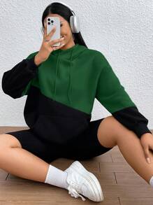 SHEIN EZwear Áo nỉ hai tông màu cỡ lớn, vai rớt, có dây rút - Màu xanh lá cây đậm - Xem 6