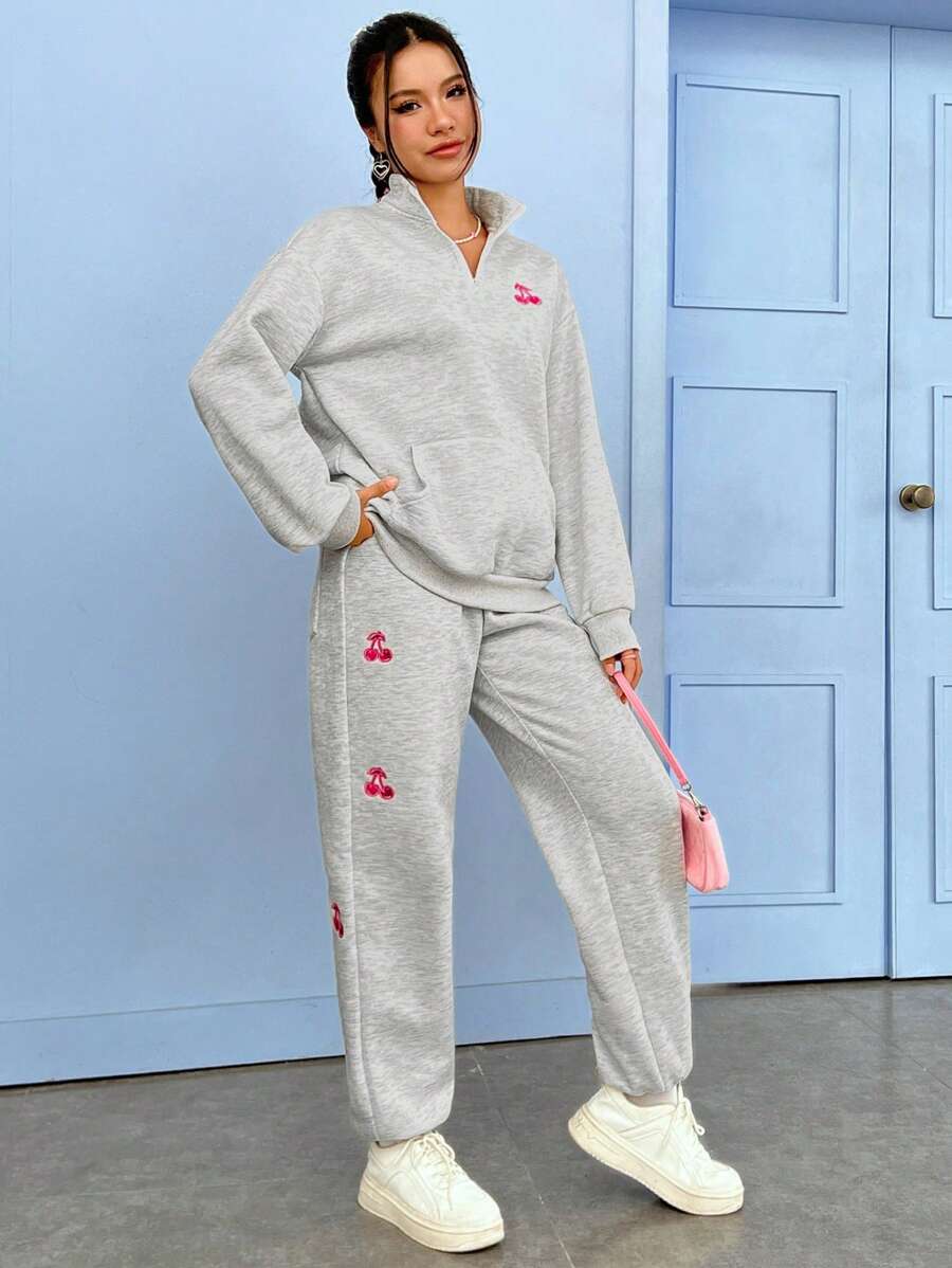 SHEIN EZwear Cherry Graphic Drop Shoulder Sweatshirt & Sweatpants - Grey - View 1