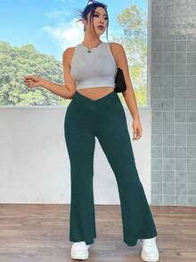 SHEIN ICON 大尺碼高腰十字交叉喇叭褲 - 橄欖綠 - 查看 3