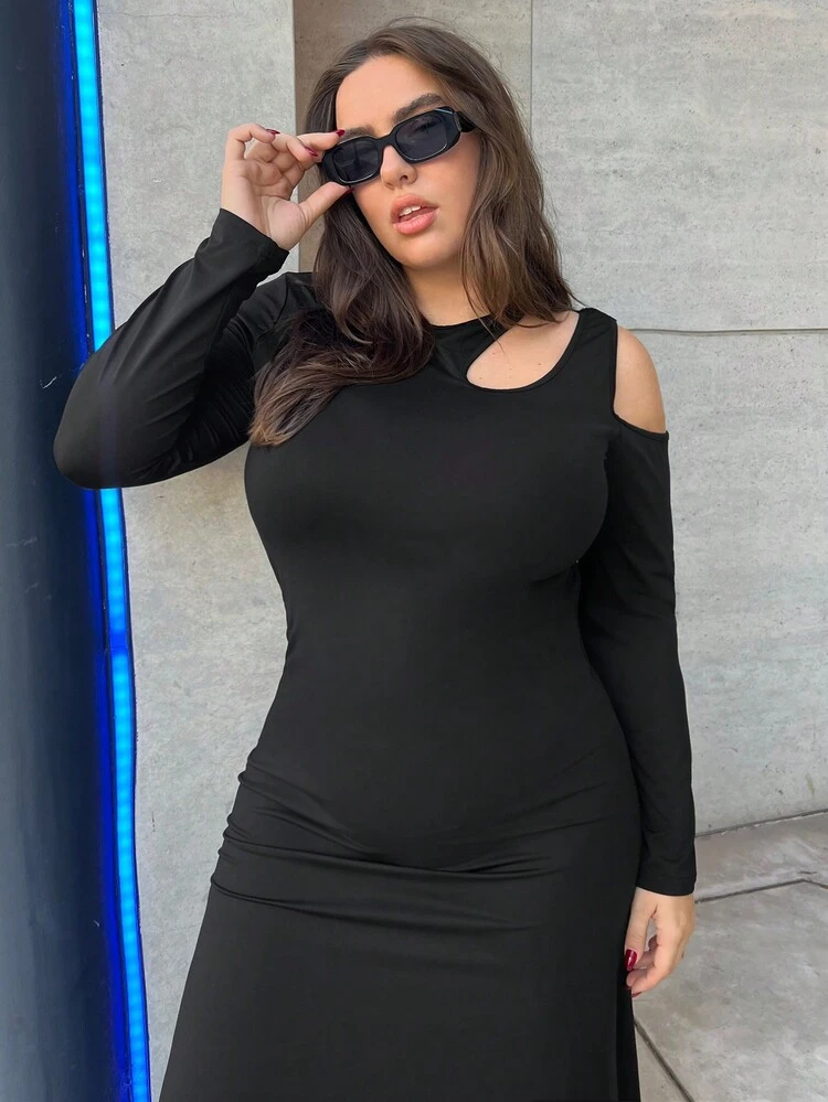 Plus Solid Cut Out Asymmetrical Neck Dress