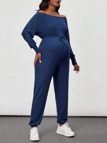 SHEIN Maternity Off Shoulder Knot Front Jumpsuit - Blue - View 3