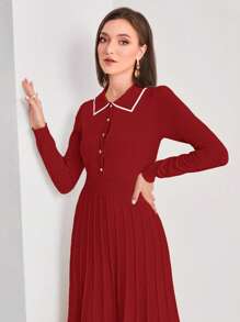 Modelyn 撞色滾邊百褶下擺毛衣洋裝 - 紅色 - 查看 4