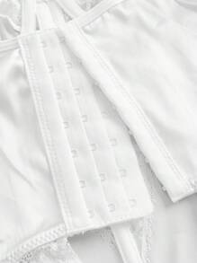 4 piezas Set de lencería con encaje en contraste bajo con fruncido con liga con aro