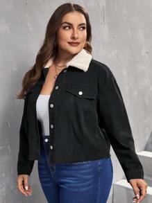 EMERY ROSE Plus Size Women's Denim Jacket With Fur Collar - Black - View 6