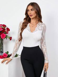 SHEIN Clasi 蕾絲插肩v領紋理t卹 - 白色 - 查看 3