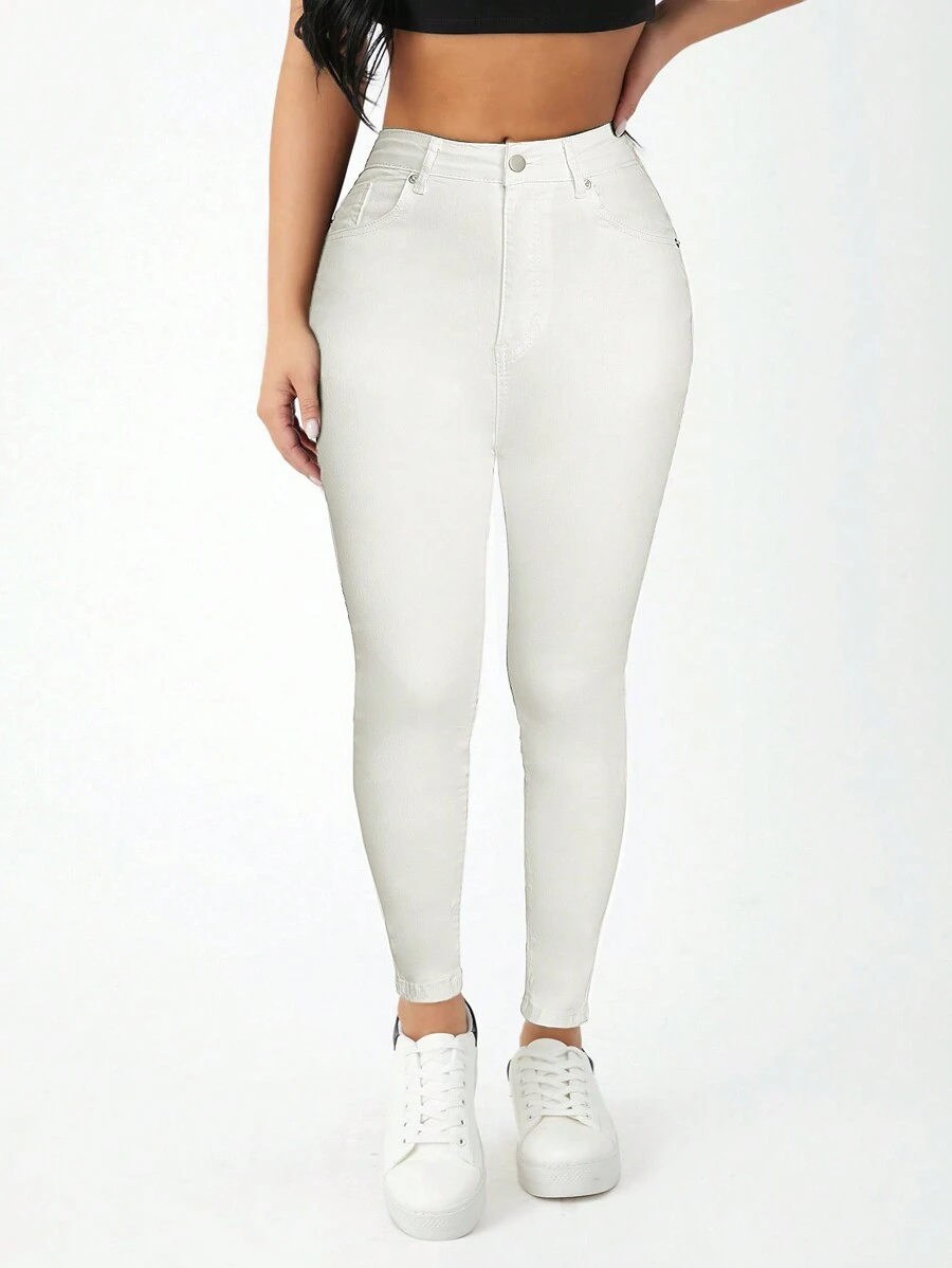 SHEIN PETITE Solid Skinny Cropped Jeans - White - View 1