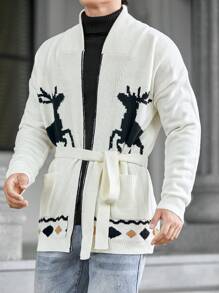 Manfinity VCAY Suéter tipo cardigan de manga larga y holgado con estampado de ciervos para hombre, para otoño e invierno