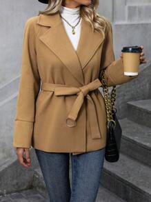 SHEIN Clasi Cổ áo Tay Raglan Mở Mặt trước Thắt lưng Áo khoác - Màu Khaki - Xem 4