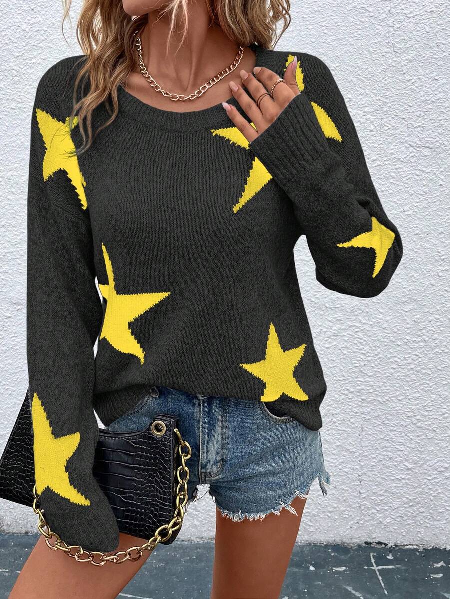 SHEIN LUNE Star Pattern Drop Shoulder Sweater - Multicolor - View 1