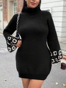 Flirla Plus Floral Pattern Split Cuff Turtleneck Sweater Dress - Black - View 1