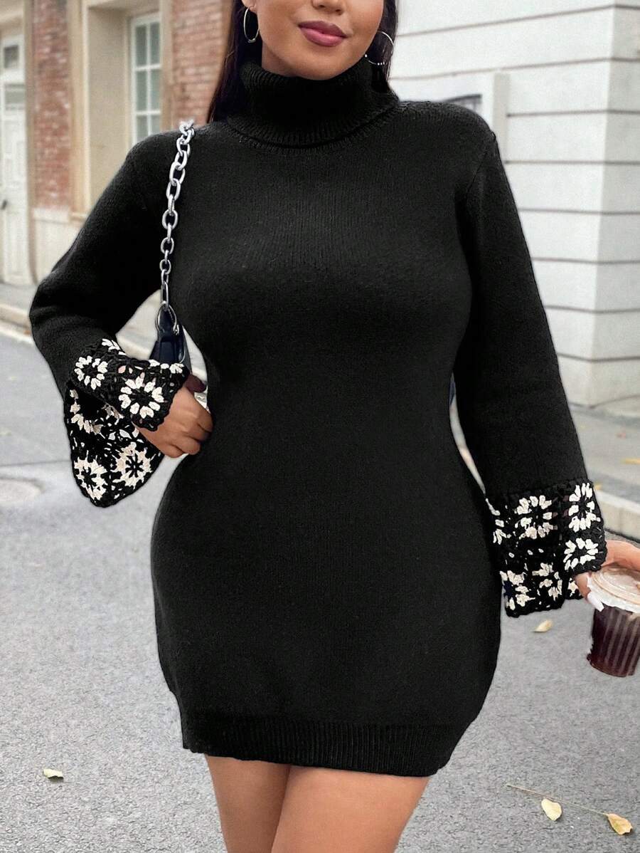 Flirla Plus Floral Pattern Split Cuff Turtleneck Sweater Dress - Black - View 1