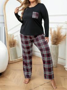 Plus Plaid Print PJ Set - Black - View 5