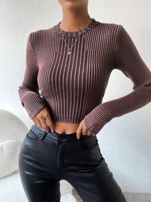 SHEIN Unity Áo len dệt kim gân trơn dáng ngắn, thích hợp cho mùa thu đông. - màu nâu - Xem 1