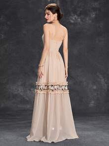 繡花荷葉邊伴娘長裙 - 杏色 - 查看 2