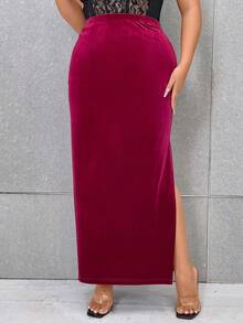 Celure Plus Solid Split Thigh Velvet Skirt - Burgundy - View 6
