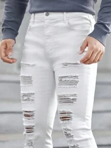 GENTILAND Men Ripped Frayed Skinny Jeans - White - View 3