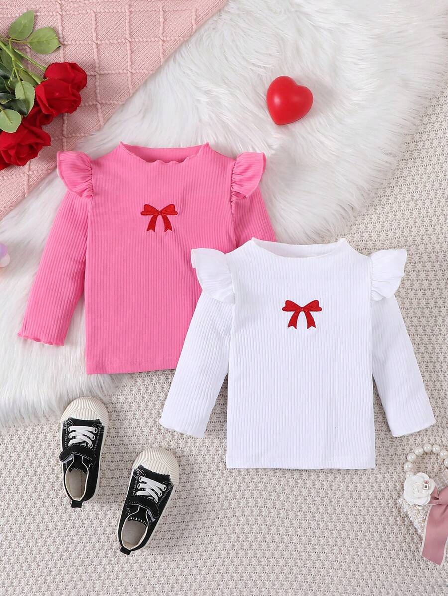 Đứa bé gái 2 Miếng Thêu Mô hình cung Viền Ruffle Áo thun - Nhiều màu - Xem 1