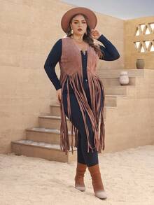 SHEIN VCAY Plus Fringe Hem Open Front Vest Jacket - Brown - View 4