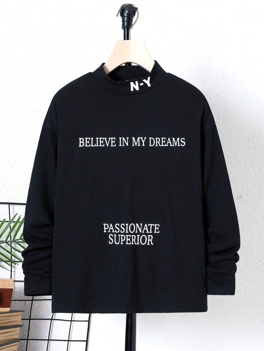 SHEIN Tween Boy Slogan Graphic Mock Neck Tee - Black - View 1