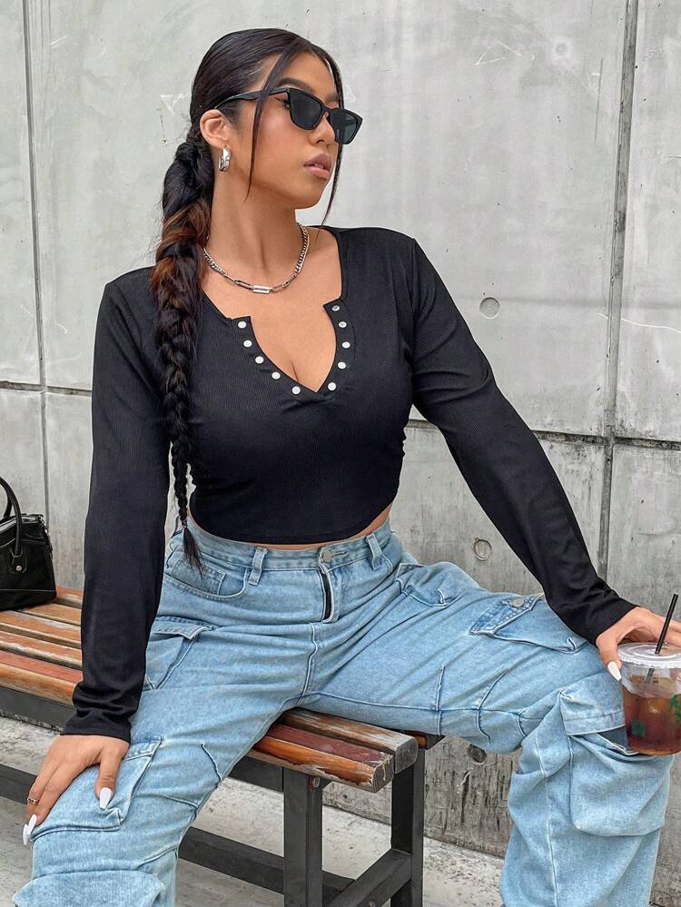 Plus Notched Neckline Crop Tee