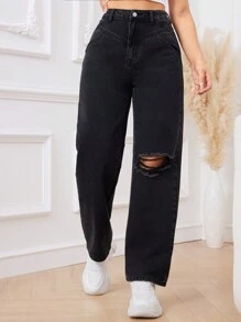 SHEIN Privé Rách Quần legging thẳng - màu đen - Xem 1
