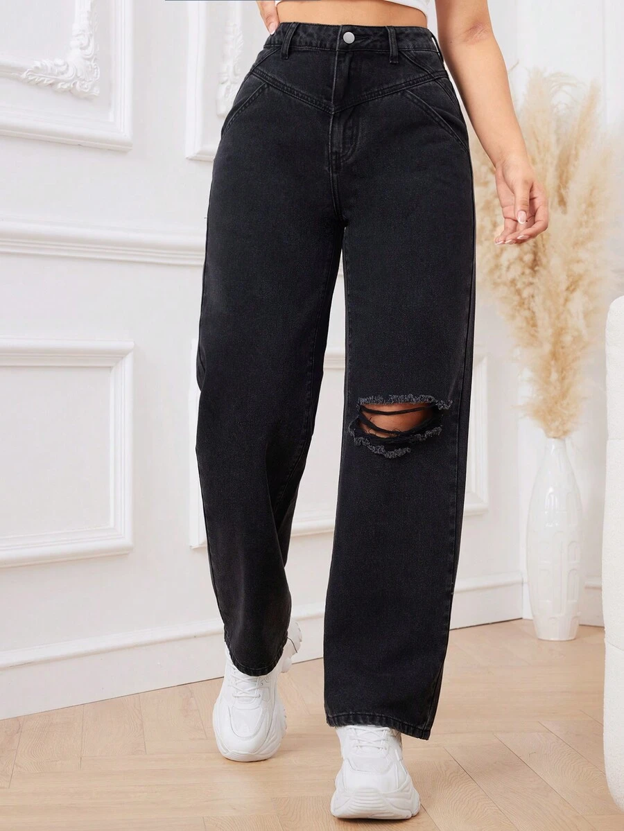 SHEIN Privé Rách Quần legging thẳng - màu đen - Xem 1