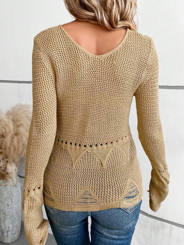 1pc Eyelet Detail Ripped Drop Shoulder Sweater