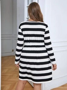 SHEIN LUNE Vestido Con Estampado De Rayas Y Cintura Con Cordón - Blanco y Negro - Ver 2