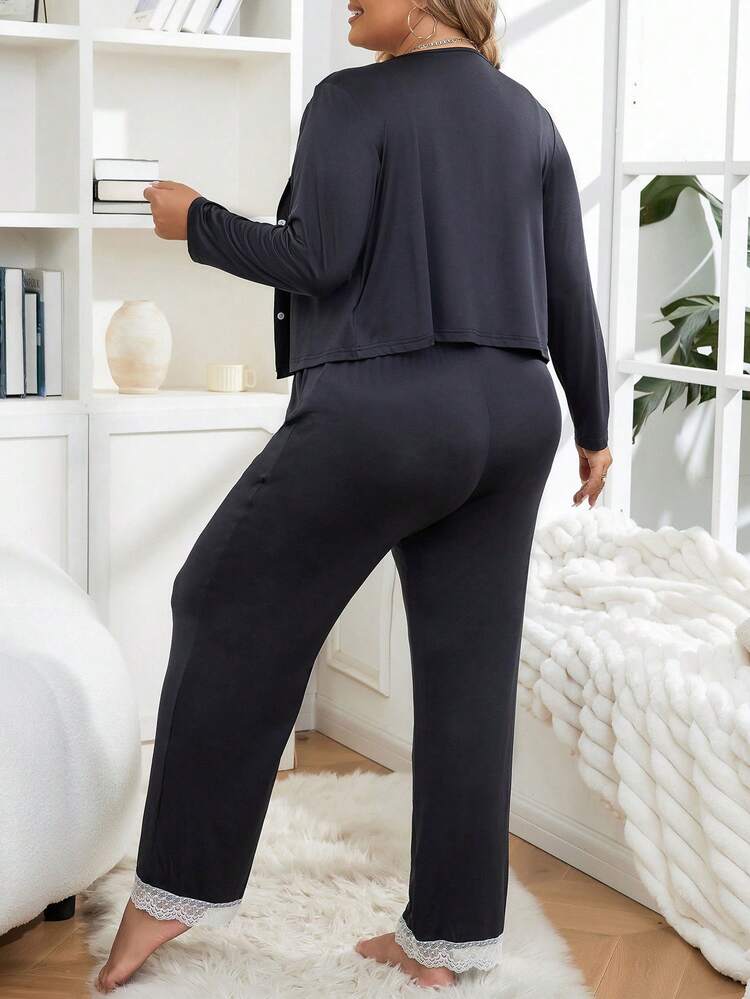 Plus Size Women's 3-piece Lace Patchwork Pajama Set