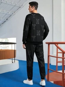 GENTILAND Men Letter Graphic Sweatshirt & Sweatpants - Black - View 2