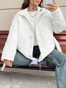 SHEIN EZwear 雙口袋按扣腰帶絎縫外套 - 白色 - 查看 4