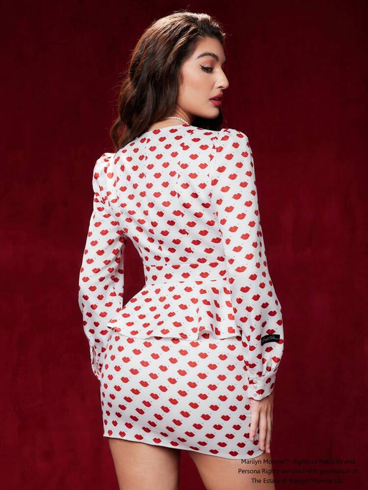 Lips Print 3D Floral Applique Peplum Top & Bodycon Skirt