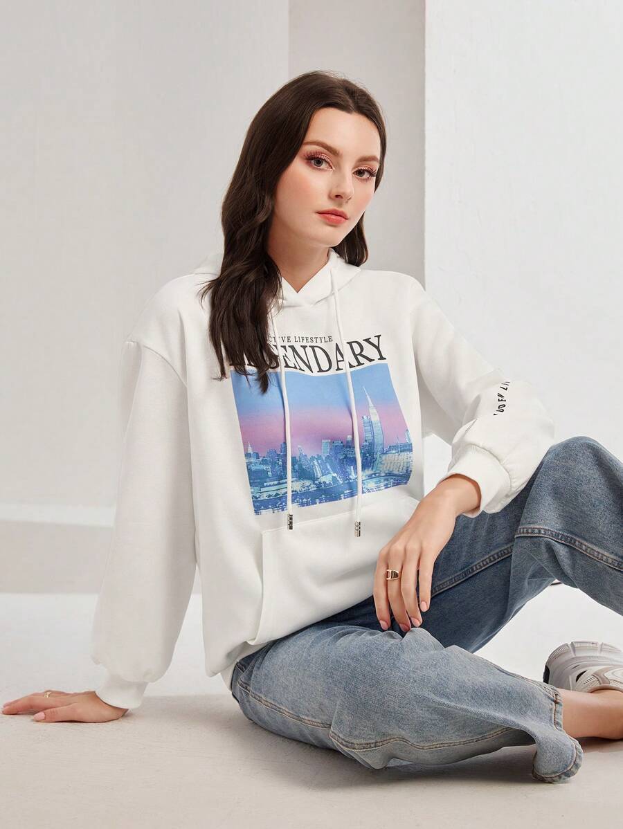 Mulvari Lettering And Architectural Kangaroo Pocket Drawstring Hooded Sweatshirt - White - View 1