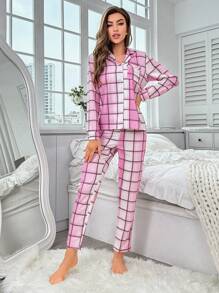 Plaid Print PJ Set / Pajama Set - Multicolor - View 4