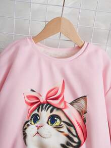 女大童貓印花加絨內裏套頭衫 - 粉色 - 查看 4